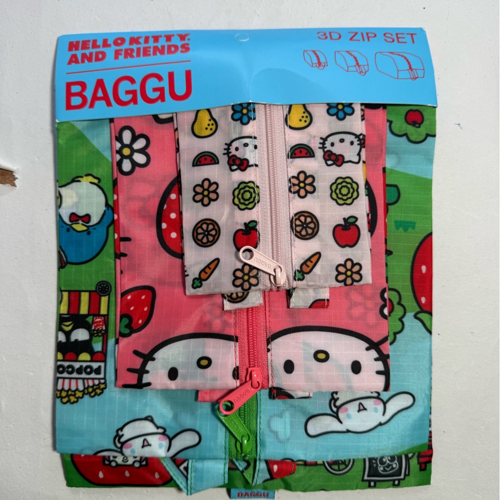 BAGGU Hello Kitty 3D Zip Set with Pink and Green Accents